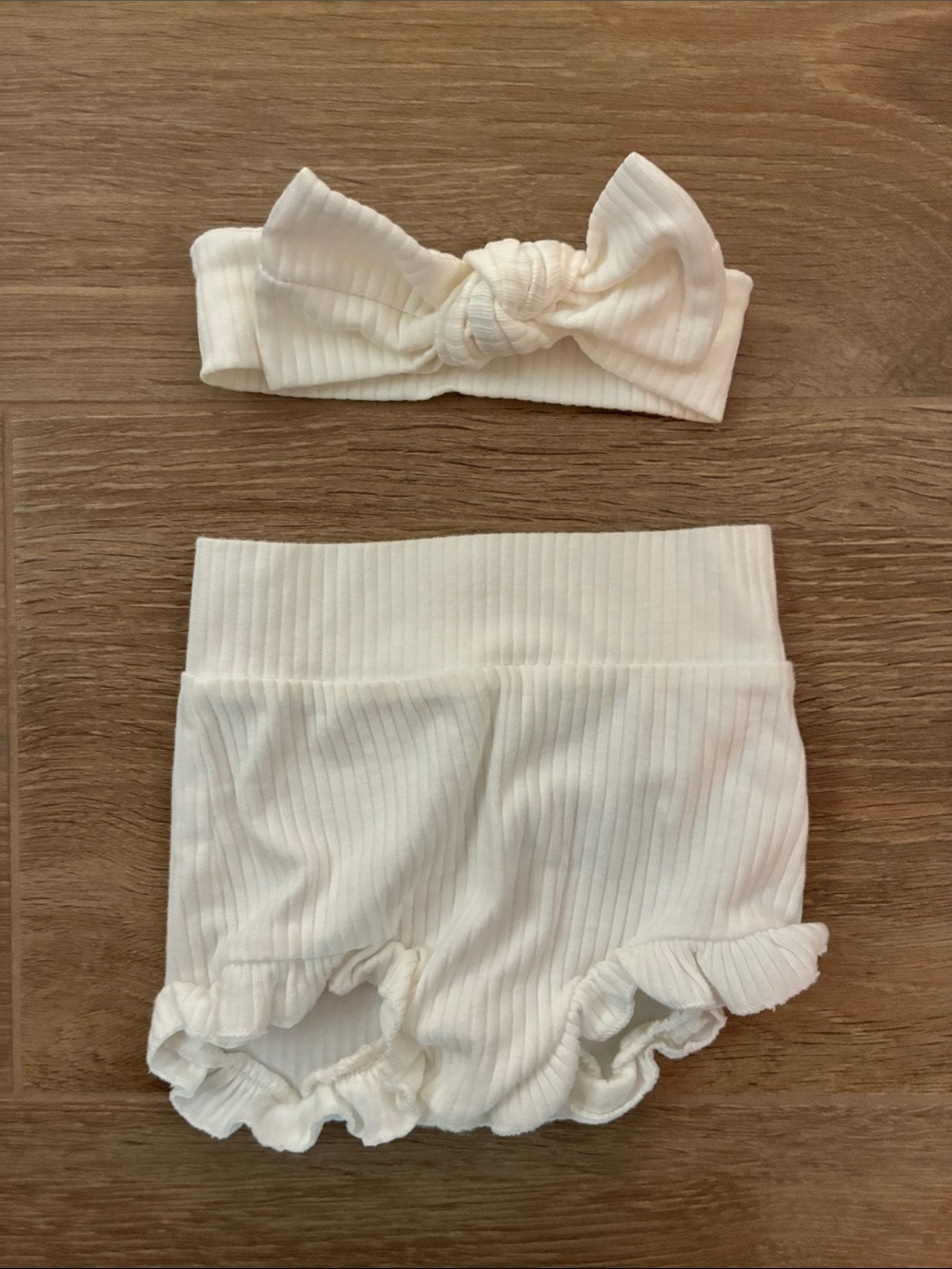 Soft Ribbed White Baby Bloomer and headband set